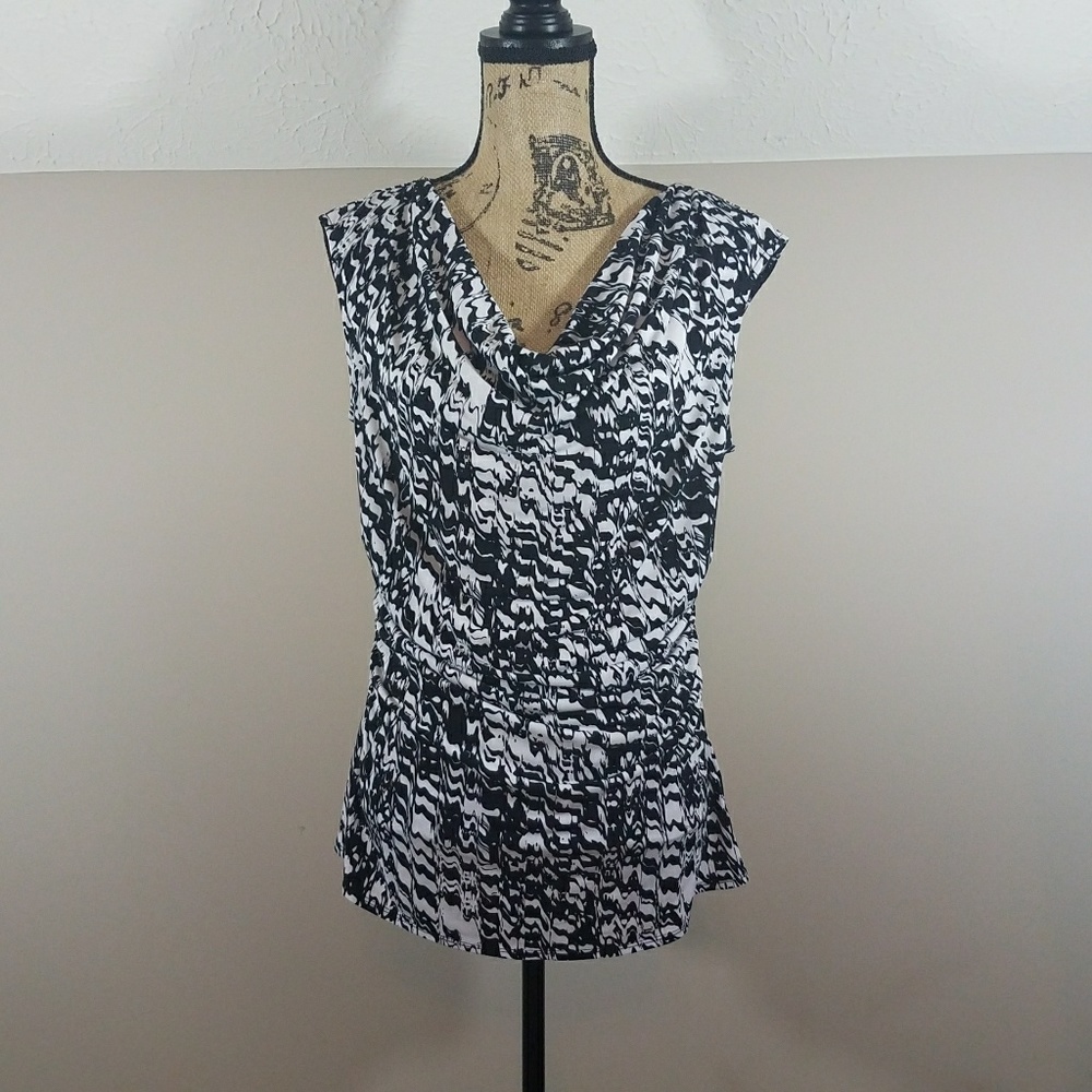 Chaus Black White Swirl Top Sz L